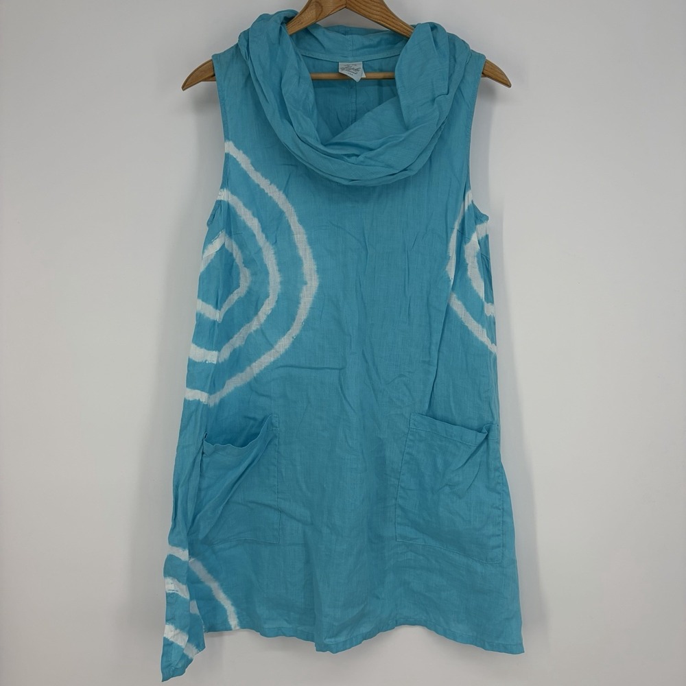 Match Point Linen Sleeveless Cowl Drape Neck Tunic Tank Tie Dye Blue Lagenlook